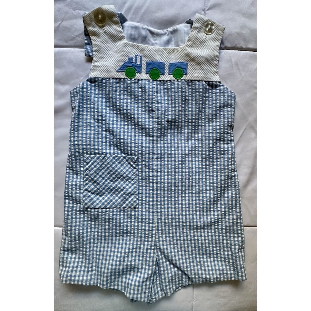 VTG Florence Eiseman IMAGNIN eco‎ Blue Gingham Smocked Romper 4T Train